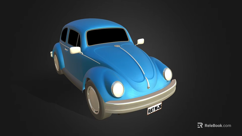 Blue Classic Beetle Car 3D Model With White Details And License Plate 3d model 