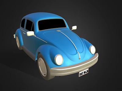 Blue Classic Beetle Car 3D Model With White Details And License Plate 3d model