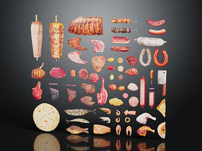 Grilled Meat and Seafood Assortment Including Kebabs Sausages Fish and Flatbread 3d model