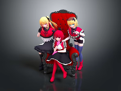 Three Anime Game Characters In Red And Black Outfits Sitting On Ornate Red Chair 3d model