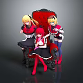 Three Anime Game Characters In Red And Black Outfits Sitting On Ornate Red Chair