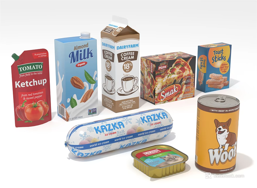 Assorted Packaged Food Products With Tomato Ketchup Milk Cream Cheese Pizza And Biscuits 3d model 