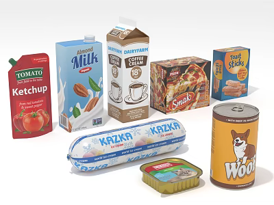 Assorted Packaged Food Products With Tomato Ketchup Milk Cream Cheese Pizza And Biscuits 3d model