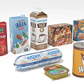 Assorted Packaged Food Products With Tomato Ketchup Milk Cream Cheese Pizza And Biscuits