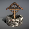 Public Well With Stone Circular Structure And Wooden Tiled Roof Hanging Bucket