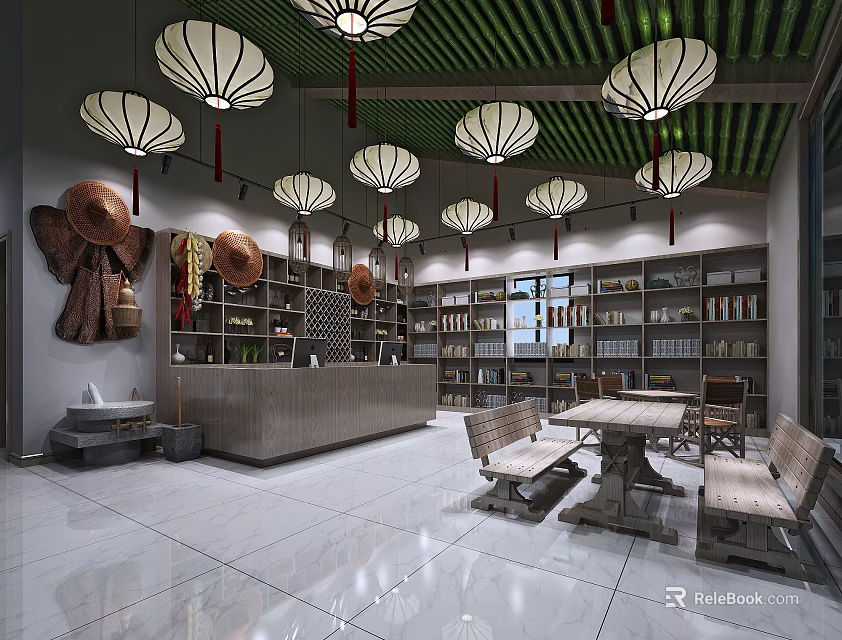 Store Front Desk Interior With Ceiling Lanterns Wooden Bookshelves Tables And Decorations 3d model 