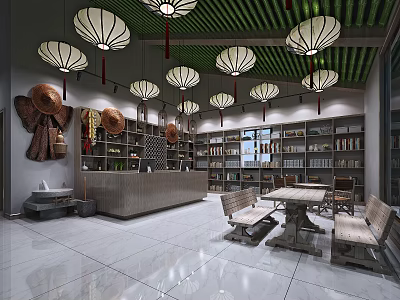 Store Front Desk Interior With Ceiling Lanterns Wooden Bookshelves Tables And Decorations 3d model