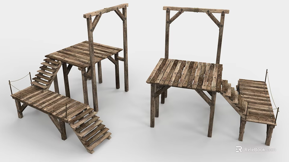 Rustic Wooden Cabin Structure With Platform Stairs And Frame Design 3d model