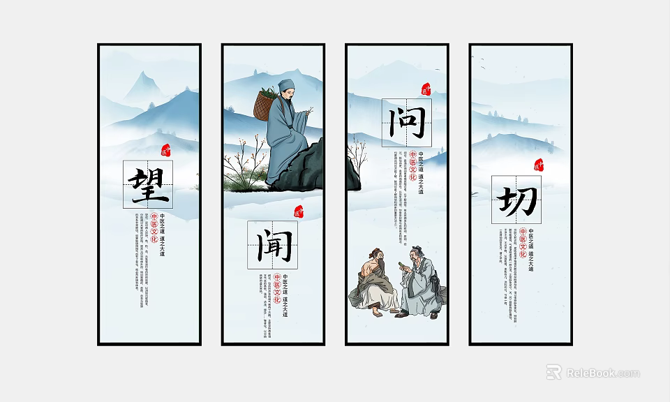 Traditional Chinese Medicine Four Diagnostic Methods With Ancient Figures And Calligraphy 3d model 