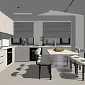 Modern White Kitchen Interior Design With Cabinets Dining Table Chairs And Appliances