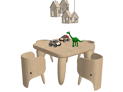 Wooden Kids Table with Animal Shaped Chairs Toy Cars Dinosaur and Hanging Small House Decorations 3d model