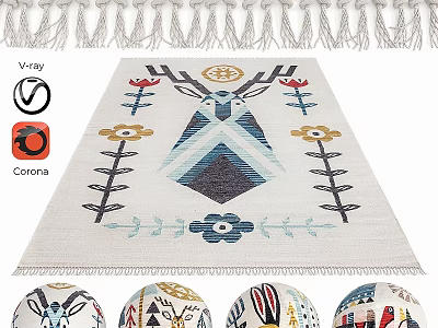 Vibrant Bohemian Square Rug With Geometric Floral Patterns And Tassel Edges 3d model