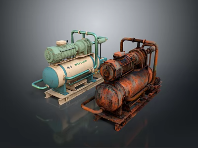 Vintage Rusted And Modern Green Industrial Compressor Machines Side By Side Showcase 3d model