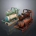 Vintage Rusted And Modern Green Industrial Compressor Machines Side By Side Showcase