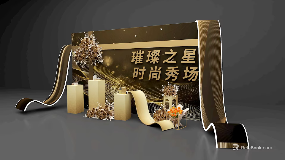 Floral Art Decoration for Fashion Show Venue with Golden Scrolls Columns and Shining Star Elements 3d model 