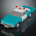Blue and White Police Car With Red Emergency Lights On Top And POLICE Lettering
