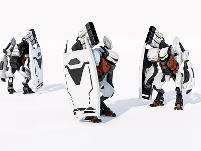 Three White Intelligent Robots With Shields And Weapons Black Orange Details In Combat Defensive Stance 3d model