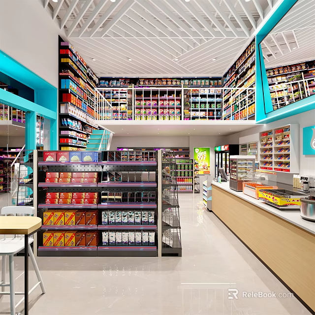 Modern Supermarket Interior Design With Open Layout And Well Stocked Product Shelves 3d model 