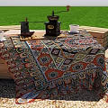 Wooden Crate Outdoor Chairs Around Fire Pit On Grassy Lawn With Tablecloth And Rug