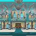Ancient Architectural Hall Interior With Ornate Chandeliers Arched Windows And Colorful Ceiling