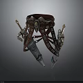 Ornate Medieval Leather Battle Belt With Metal Decorations And Dual Swords