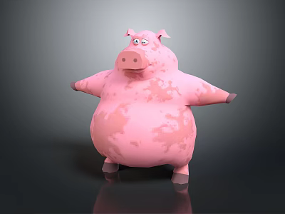 Game Movie Character Pink Fat Pig With Open Arms Standing On Shiny Dark Background 3d model
