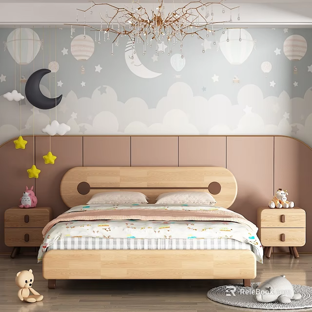 Wooden Kids Bed With Checkered Bedspread Cartoon Patterns Cloud Moon Star Wallpaper And Hanging Decorations 3d model 