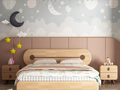 Wooden Kids Bed With Checkered Bedspread Cartoon Patterns Cloud Moon Star Wallpaper And Hanging Decorations 3d model