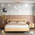 Wooden Kids Bed With Checkered Bedspread Cartoon Patterns Cloud Moon Star Wallpaper And Hanging Decorations