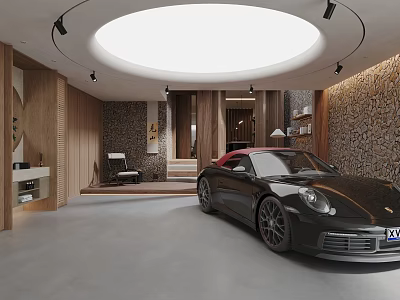 Modern Basement Interior With Sports Car And Stylish Decor 3d model
