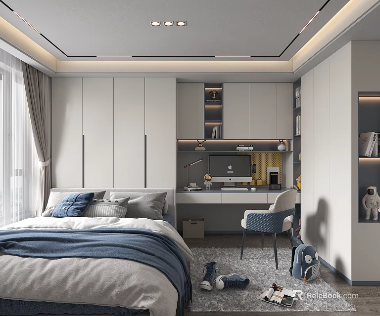 Modern Tatami Bedroom Interior With White Wardrobes Desk Chair And Window Curtains 3d model 