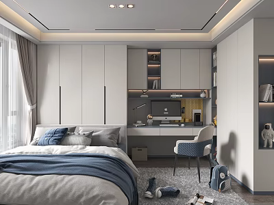 Modern Tatami Bedroom Interior With White Wardrobes Desk Chair And Window Curtains 3d model