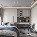 Modern Tatami Bedroom Interior With White Wardrobes Desk Chair And Window Curtains