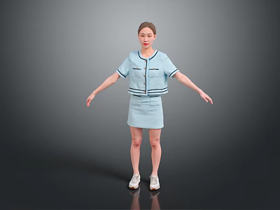 Woman In Light Blue Short Sleeve Top And Skirt With White Shoes On Gray Background 3d model