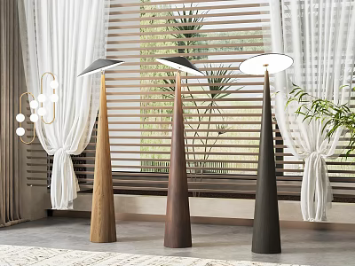 Stylish Floor Lamps In Living Room With Curtains And Plants 3d model