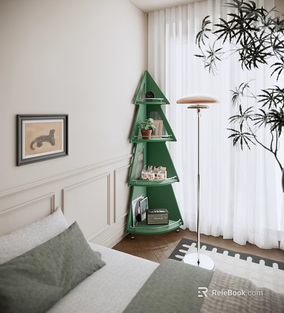 Green Triangular Corner Shelving Unit With Decorative Items And Modern Living Room Decor 3d model