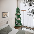 Green Triangular Corner Shelving Unit With Decorative Items And Modern Living Room Decor 3d model