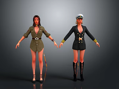 Two Female Character Models In Military And Captain Uniforms With Standing Poses 3d model