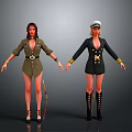 Two Female Character Models In Military And Captain Uniforms With Standing Poses