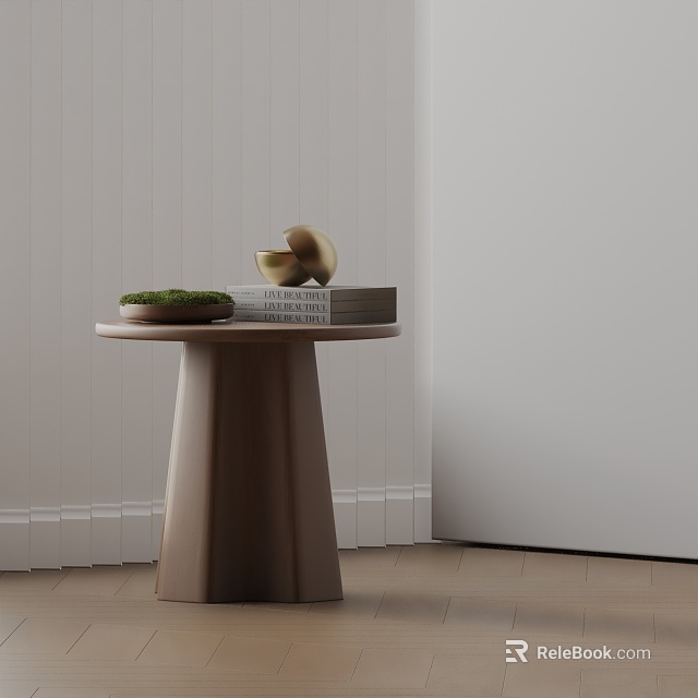 Modern Wooden Side Table With Books Golden Sphere And Small Green Plant In Minimalist Interior 3d model 