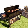 Outdoor Grill With Sausages Bacon And Dining Table Setup On Green Grass