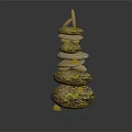 Natural Wood Stone Stacked Tower Structure With Organic Texture And Green Moss Details