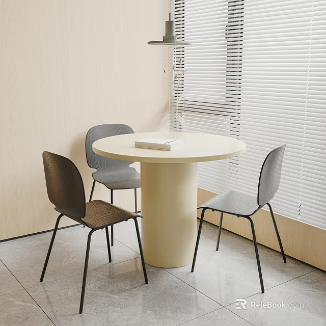 Round Dining Table Set with Beige Cylindrical Base Three Chairs Light Grey Dark Brown 3d model