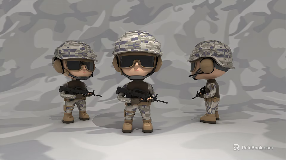 Three Military Action Figures In Camouflage Uniforms With Helmets Sunglasses And Guns Against Camouflage Background 3d model 