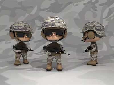 Three Military Action Figures In Camouflage Uniforms With Helmets Sunglasses And Guns Against Camouflage Background 3d model