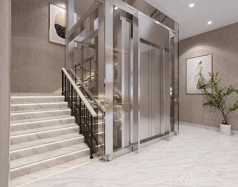Modern Elegant Elevator Hallway With Stainless Steel Elevator Staircase Marble Flooring And Decorative Paintings 3d model 