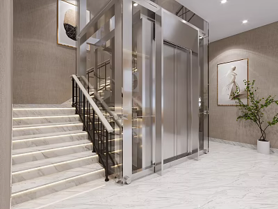 Modern Elegant Elevator Hallway With Stainless Steel Elevator Staircase Marble Flooring And Decorative Paintings 3d model