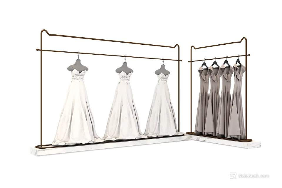 White Wedding Dresses and Gray Gowns Hanging on Metal Clothes Rack 3d model 