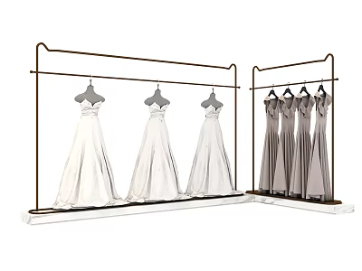 White Wedding Dresses and Gray Gowns Hanging on Metal Clothes Rack 3d model