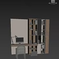 Modern Home Office Desk With Computer Monitor Lamp Wooden Bookshelf And Decorative Items
